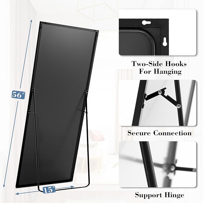 DUMOS 15"x56" Full Length Floor Mirror, Full Body Mirror | Free Standing or Wall Mount, Nano Glass Aluminum Frame, Hanging or Leaning, Modern Simple Home Decor, Black