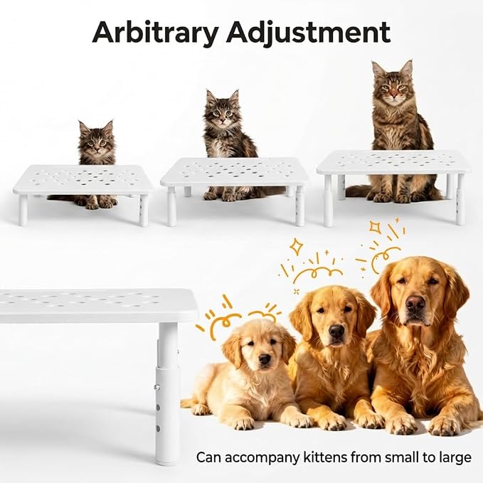 Raised Automatic Cat Feeder Stand for Double Bowl Feeders, Carbon Steel 14.57 x 9.25 in, 3 Adjustable Heights 4.13-5.71 in, Non-Slip, Fits Feeders & Water Dispensers, No-Drill (White)