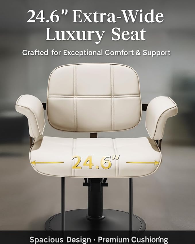 Barber Salon Chair, Extra Wide Hair Styling Chair with Heavy Duty Hydraulic Pump, 360° Swivel Height Adjustable Braiding Design, Luxury Beauty Salon and Barbershop Equipment, Ivory