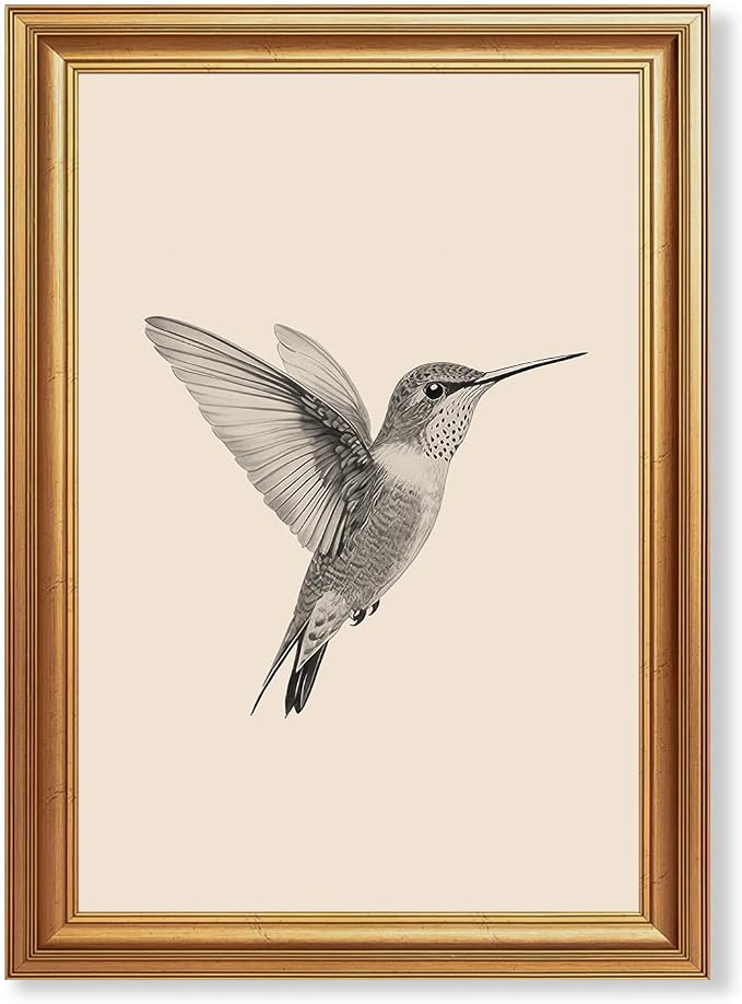 JLTULT Vintage Hummingbird Wall Art, Gold-Tone Framed Canvas, 16 x 24 In | Black-and-white hummingbird art on fade-resistant canvas with a ready-to-hang gold-tone PS frame for bedrooms and offices