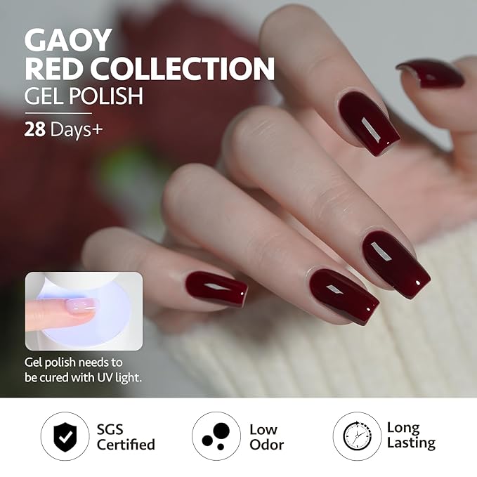 GAOY Red Gel Nail Polish Set, 6 Colors Burgundy Cherry Jelly Glitter Dark Red, UV Cure Gel for DIY Manicure at Home