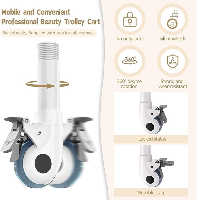 Beauty Trolley Cart with Wheels, Esthetician Cart with Handrail, Bucket and 2 Big Drawer, 3 Tier Heavy Duty Vacuum Therapy Machine Trolley, Load 330lbs, 360° Rotate Silent Wheels