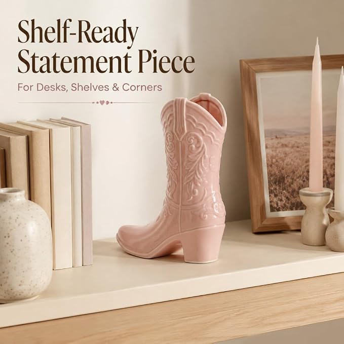 9.13 Inch Pink Ceramic Cowgirl Boot Vase, Unique Western Style Cowboy Boot Vase for Modern Country Home Decor, Wedding Table Centerpiece, Living Room, Bedroom, Office, Gift for Women
