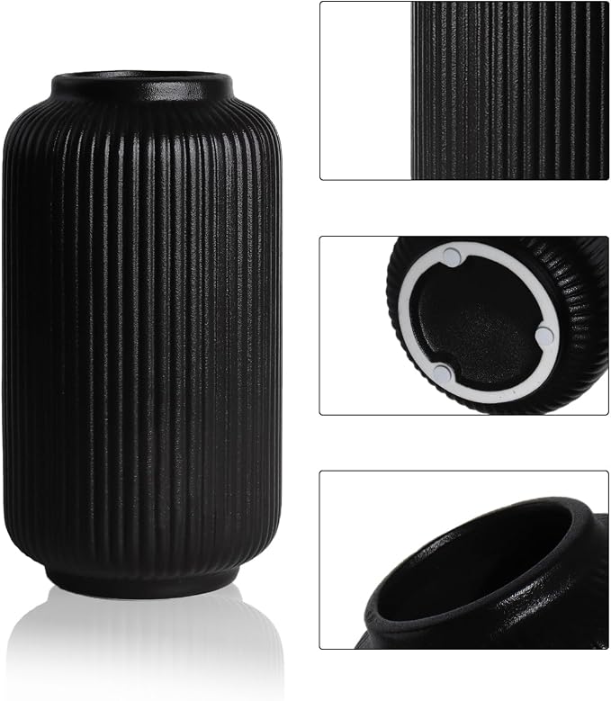 Black Ceramic Vase, 8 Inch Modern Flower Vase for Bouquet and Pampas Grass, Matte Frosted Large Opening Decorative Vase for Farmhouse Table, Shelf Decor