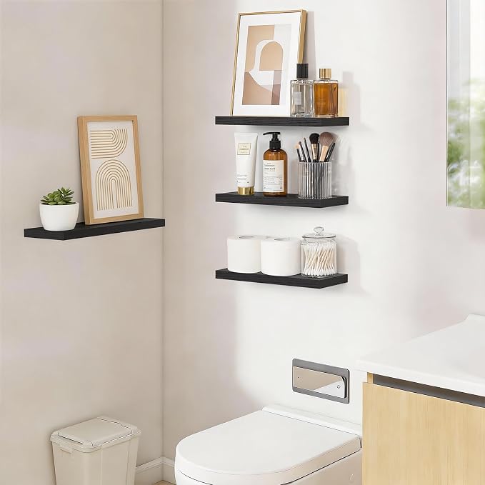 BAYKA Black Floating Shelves 15.7in, Set of 4, Wall Mount Rustic Wood Shelf | Easy Install, 22lbs Max Load, Hidden Bracket, Hanging Shelf for Books/Storage/Room Decor, Multi-Wall Compatible