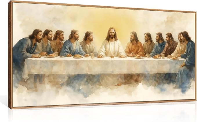 FWIEXA Jesus Last Supper Canvas Wall Art, Framed Easter Christian Decor Painting, Religious Boho Prints, Bible Watercolor Artwork, 20x40In Verse Scripture Pictures for Living Room,Bedroom,Prayer Room