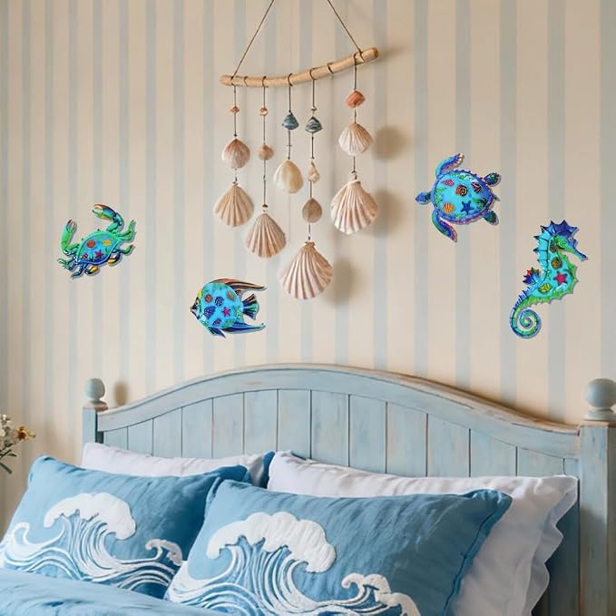 VEWOSTAR Metal Ocean Wall Art Decor Outdoor,Beach Wall Sculpture Set of 4 | Themed House Decor for Bathroom, Coastal Patio, Garden Fence, Pool Wall Art, Nautical Outdoor Decor Gift