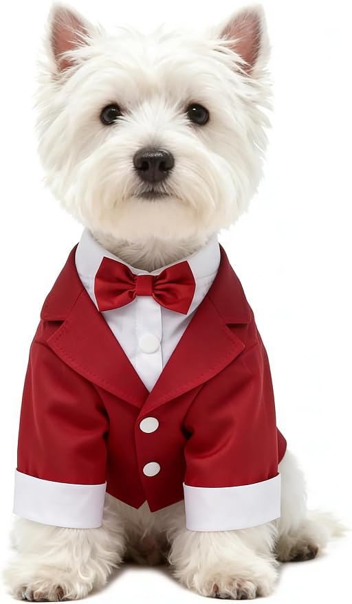 GabeFish Pets Wedding Jackets Suit for Dogs with Bow Tie Puppy Cat Formal Clothes Shirt Tuxedo (Red, M (Chest 15.3in/39cm))