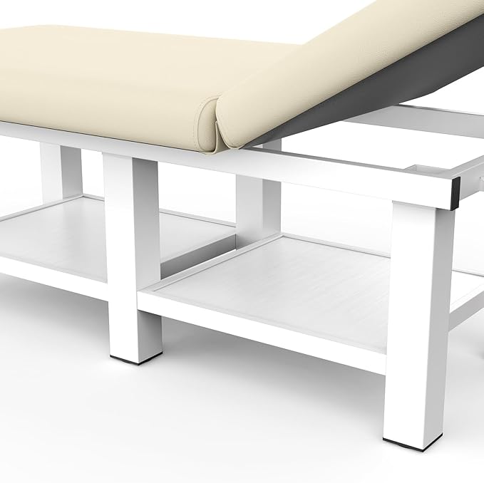 pouseayar Metal Frame Wide Stationary Massage Table for Treatment Table Physical Therapy Table Spa Facial Bed, PU Leather 31.5'' Wide 75'' Long (Beige Grey, Segmented Structure)