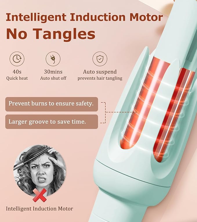 Auto Hair Curler, Automatic Curling Iron with 4 Temperature & 3 Timer, Automatic Shut-Off, Anti-Scald, Anti-Tangle Rotating Curling Wand for Hair Styling, Blue