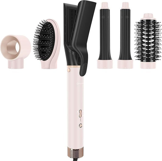 6-in-1 Hair Dryer Brush, 110,000 RPM High Speed Hair Dryer with Air Straightener, 28mm AUTO Curlers, IG INGLAM MegaAIR 2.0 Multi-styler Set Volumizing and Shape, Pink
