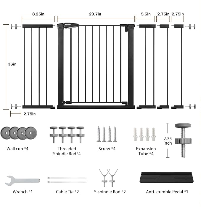 Mumeasy 36" Extra Tall Baby Gate for Stairs, 29.7-54.2" Wide Dog Gate for Doorways, Walk Thru Pet Safety Gate for Indoor, Pressure Mounted with Auto Close, Easy Install No Drill for Toddlers, Black