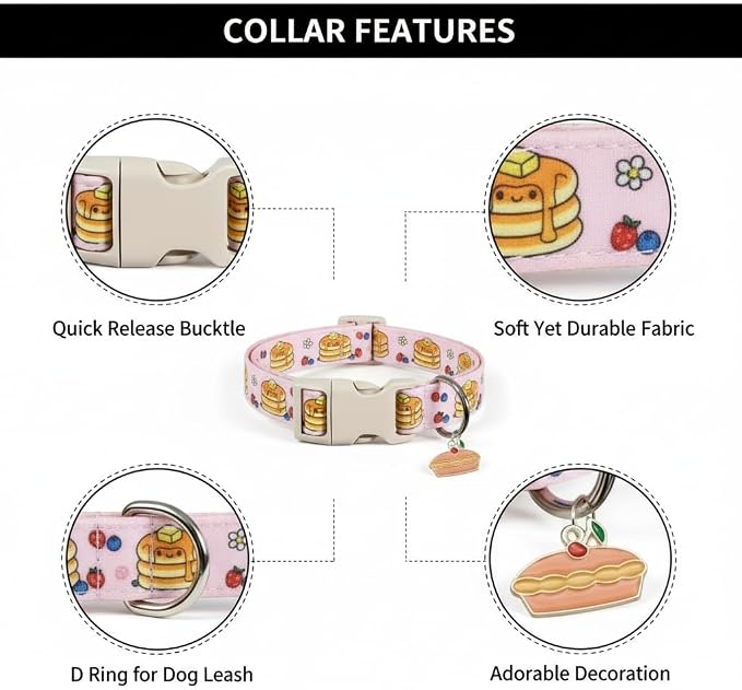 Pink Dog Collar, Girl Dog Collar with Pancake Print, Cute Spring Summer Food Collar with Soft & Breathable Fabric, Adjustable Pet Collar for Small Medium Large Dogs