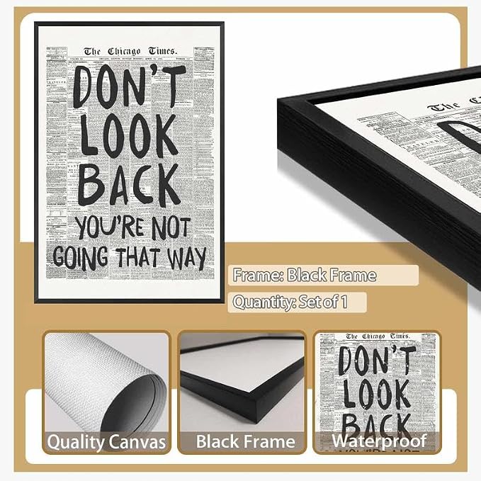 Framed Retro Black and White Newspaper Wall Art Dont Look Back Quote Poster | Trendy Inspirational Wall Decor Positive Motivational Affirmation Canvas Print Preppy Aesthetic Men Bedroom Artwork 8x12inch