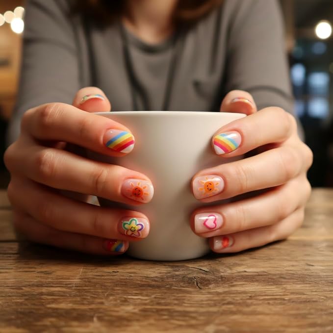 3D Embossed Korean Style Spring Bloom Nail Art Stickers, Flowers, Butterflies, Bunnies, Rainbow, Hearts, Self-Adhesive, Easy DIY for Everyday Outfit, Rainbow+Flower, 2 Pack