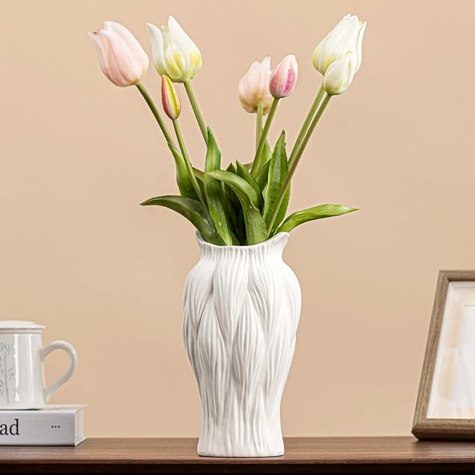 White Ceramic Vase with Reed-Inspired Texture - 9" Unique Flower Vase for Pampas Grass & Centerpieces, Decorative Boho/Farmhouse Vase for Living Room,Office Desk & Housewarming Gift (for Her/Yourself)