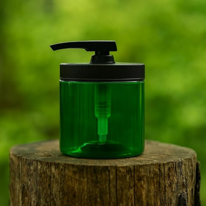 Royal Massage 16oz Refillable Pump Jar with Locking Dip Tube Dispenser – BPA-Free Plastic Container for Massage Oils, Lotions, Creams – Ribbed Lid Wide-Mouth Jar – Durable & Reusable (Green/Black, 12)