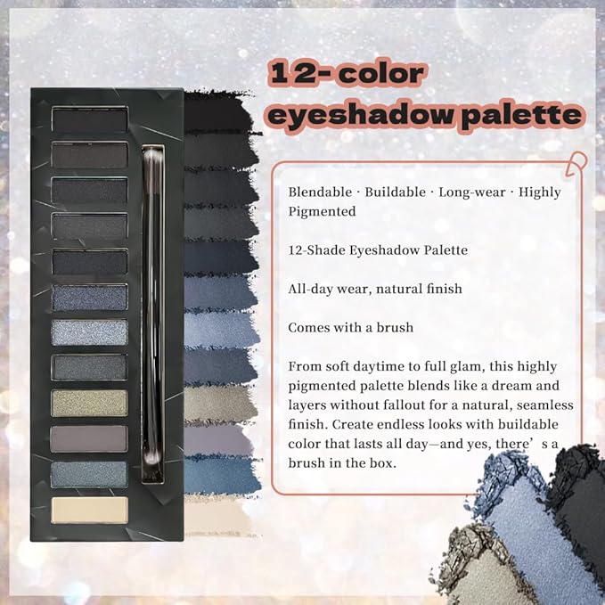 12 Colors Highly Pigmented Eye Shadow Cool Shades Palette Makeup Kit for Women, Black Coal Steel Gray Silver Beige Yellow Eyeshadows, Smoky Shimmery Metallic Eyeshadow Palette Long-Lasting Waterproof