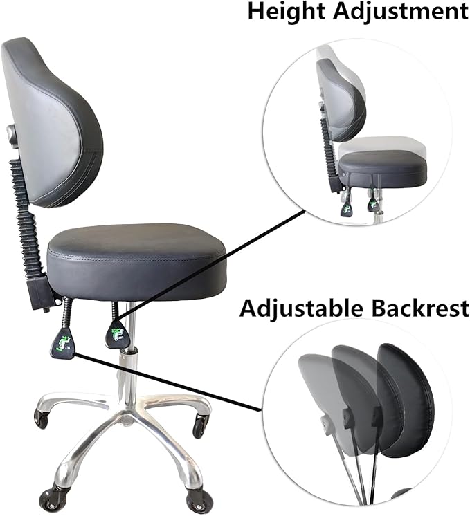 Rolling Stool Heavy Duty Super Soft Seat Cushion 360°Swivel Supported Backrest Adjustable Height Upgraded Salon Stool Chair,Tattoo Facial Massage Spa Medical Home Office Black