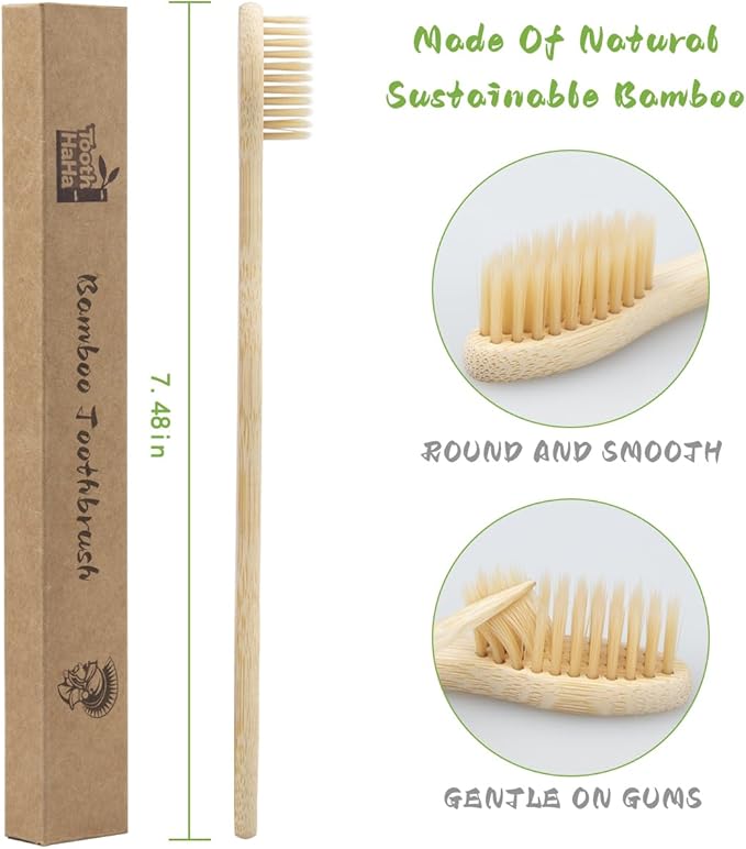 Tooth HaHa Bamboo Toothbrushes for Adults, BPA-Free Soft Tapered Bristles, Eco-Friendly Natural Organic Wooden Toothbrush, 10-Count Toothbrushes Travel Set