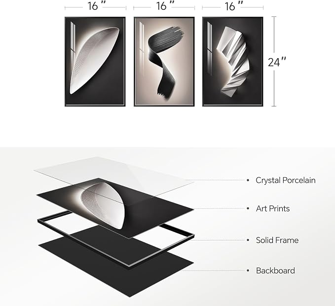 3 Piece Framed Modern Wall Art Sets, Abstract Black and White Line Geometric Decor Prints Paintings, Contemporary Luxury Artwork for Bedroom, Bathroom, Living Room and Office 16x24 Inch