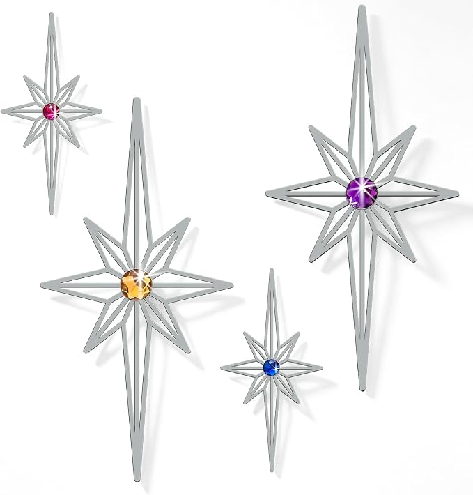 sxnzequnze 4 Pcs Star Wall Art for Home Decor Living Room Bedroom Office Metal 3D,Bling,with Hanging Hook Starburst Midcentury Sculpture Retro Gallery Accent Celestial -Silver 16.5in/9.4in