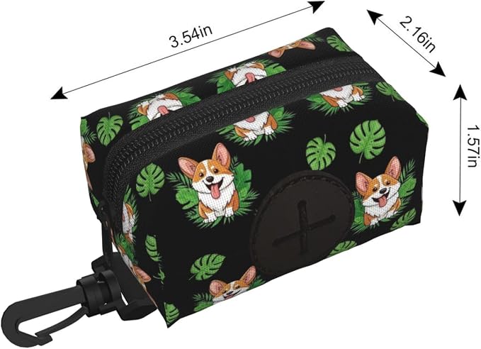 Cute Corgi Dog Tropical Leaves Peony Flowers Dog Poop Bag Holder for Walking, Hiking, Running And Traveling