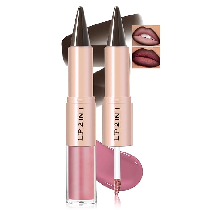 Lip Liner Gloss Lip Combo Set, 2 in 1 Lip Duo Dark Brown Lip Liner Lipstick Matte Velvet Natural Nude Pink Tinted Gloss Lip Kit, Smooth Quick Fuller Lip Makeup for Women07#Matte Mulberry