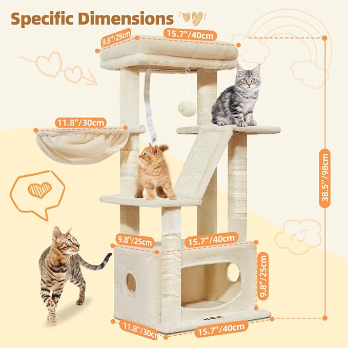 Taoqimiao Cat Tree, 38.5In Cat Tower for Indoor Cats, Suitable for Kittens | Thick Padded Top Perch, Luxurious Cat Condo, Adjustable Basket, 1-Piece Ramp Scratcher, 3 Natural Sisal Posts, Beige, MS029SM
