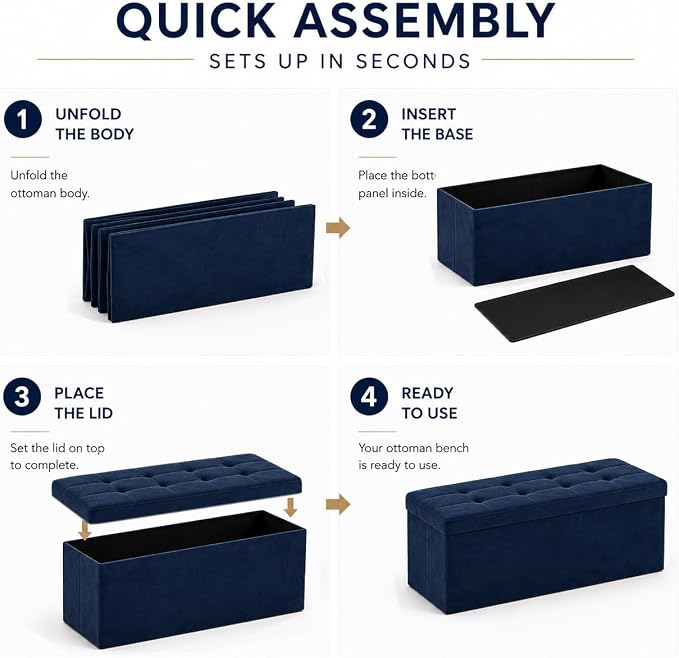 ALASDO 43 Inch Folding Storage Ottoman Bench with Hidden Storage, Velvet Storage Ottoman Foot Rest Stool, End of Bed Bench for Bedroom, Living Room, Entryway and Closet, Navy Blue