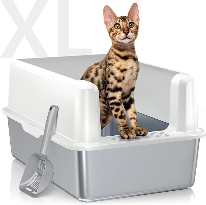 Stainless Steel Cat Litter Box, XL High Sided Open Top Pan with Scoop | XL for Big Cats, Non-Stick Odor-Free, 20L 30-Day Use Easy Clean, High Sides Block Spray & Tracking, Durable 3-5Yrs