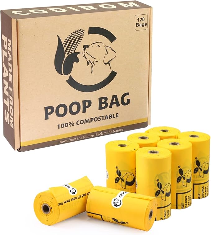 Certified Home Compostable Dog Poop Bags, 120 Plant Based Bags (8 Rolls) | TÜV AUSTRIA Home Compost, ASTM D6400, EN 13432 and NF T51-800 Certified, Extra Thick, Unscented, Leak Proof, Cornstarch