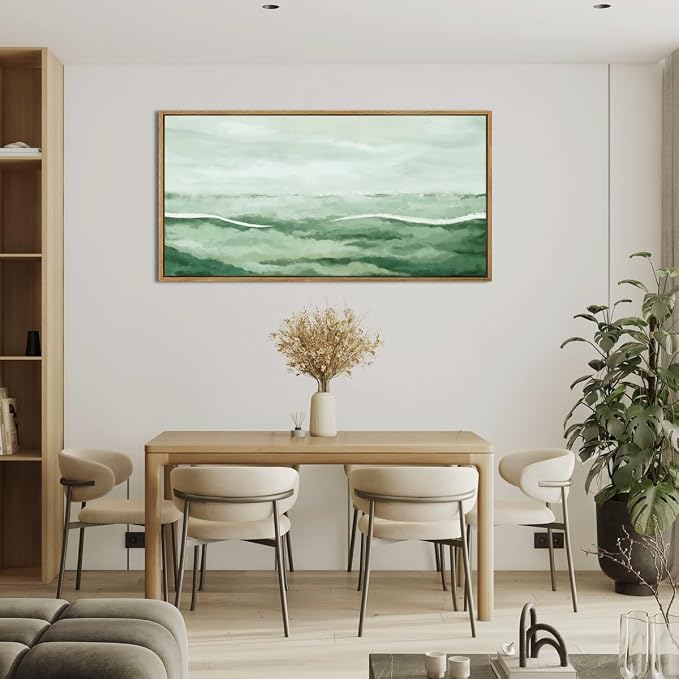 ANHUIB Large Green Abstract Framed Wall Art 20x40 Inch Sage Green Landscape Canvas Wall Decor Beige Neutral Watercolor Lake Textured Illustrations Painting for Living Room Bedroom Dining Room