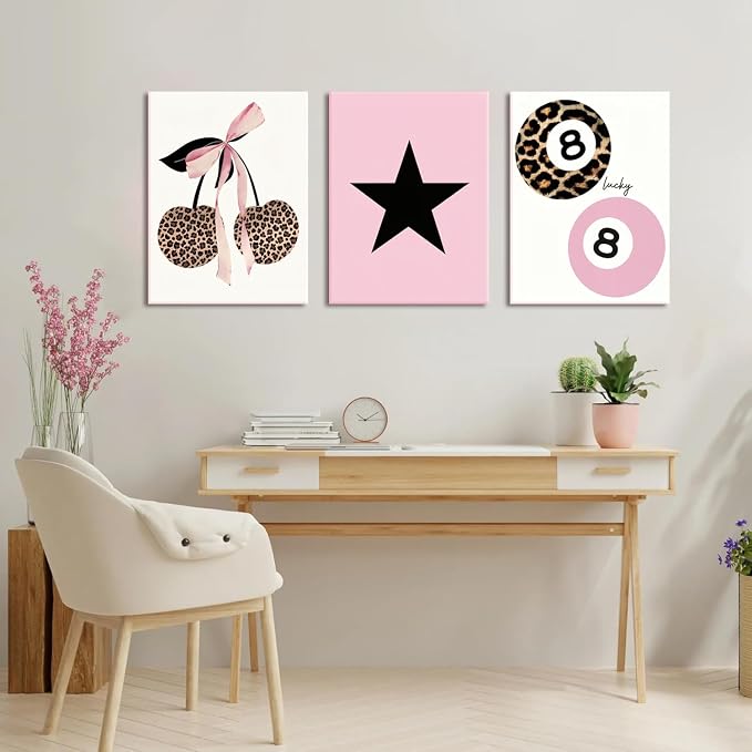 Trendy Pink Leopard Bow Canvas Wall Art Set of 3 Funky Cherry Lucky 8 Ball Posters Prints Wall Decor Cute Coquette Preppy Aesthetic Pictures for Girls Bedroom Dorm Apartment 12x16 In Framed