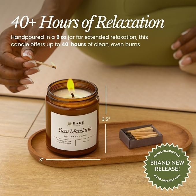 Bare Botanics Non-Toxic Unscented 9oz Soy Candle - 100% Plant-Based Fragrance Oils - Handpoured in WI - 40+ Hrs