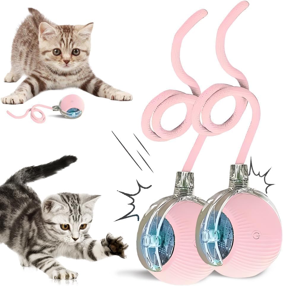 Interactive Cat Toy Ball, 2026 New Rechargeable Motion Activated Self Solo Play Electronic Stimulation Chase Teaser Ball Toy with Rope for Indoor Bored Adult Cat and Dog (Pink, 2pcs)