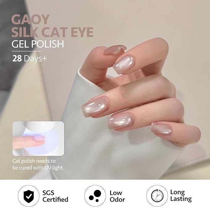 GAOY Nude Glassy Cat Eye Gel Nail Polish, 16ml Glitter Holographic Nail Polish with Magnet, Reflective Translucent UV Light Cure, 3107 Oatmeal Veil