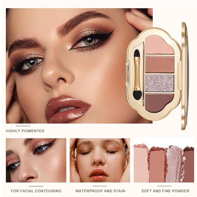 4 Colors Neutral Nude Matte & Shimmer Eyeshadow Palette,Peach Bronze Cocoa Neutral-Warm Mattes Glitter Eye shadow Contour Makeup Palette for Mature Women, Blue Green Eyes, Daily Natural Makeup.#1