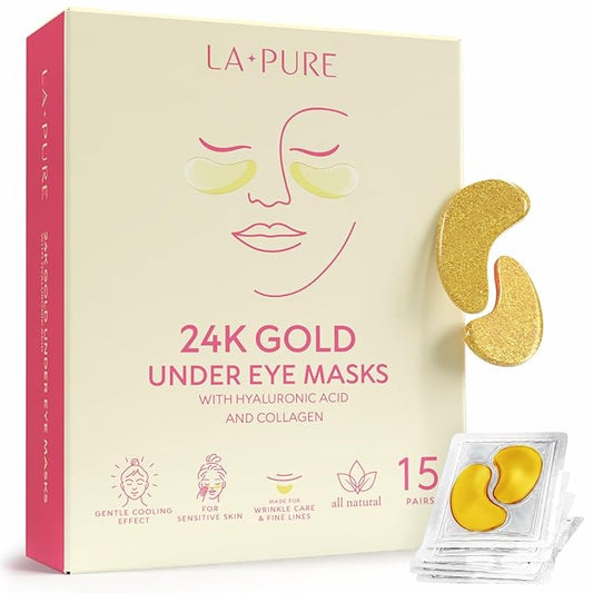LA PURE 24k Gold Under Eye Mask for Dark Circles and Puffiness, Revitalizing & Non-Irritating Anti Aging Eye Patches with Hyaluronic Acid & Collagen - Dermatologically Tested - 15 Pairs Eye Gel Pads