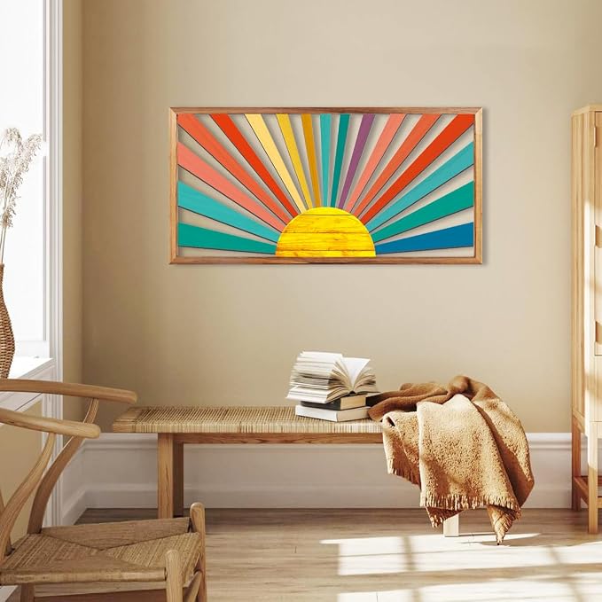 IARTTOP Large Boho Sun Wall Art Framed Wooden Art Wall Decor Colorful Rainbow Geometric Line Sunshine Artwork for Living Room Bedroom Office 16x32 Inch