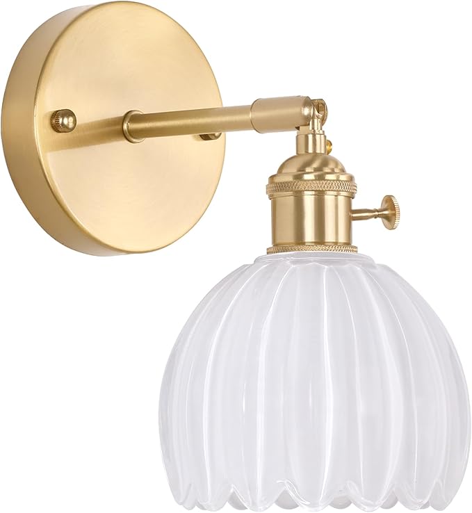 Shenmoyl Vintage Wall Sconces with White Tulip Glass Lampshade 180 Degree Adjustable Brass Sconces Hradwired Modern Wall Lighting Fixture with Switch for Bedside Bedroom Doorway