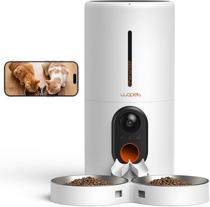 WOPET Automatic Cat Feeder with Camera for Two Cats, 6L Smart Pet Feeder with 1080P HD Video & Night Vision, 5G/2.4G WiFi Cat Dog Feeder, 2-Way Audio, SD Card Storage, Up to 10 Meals per Day