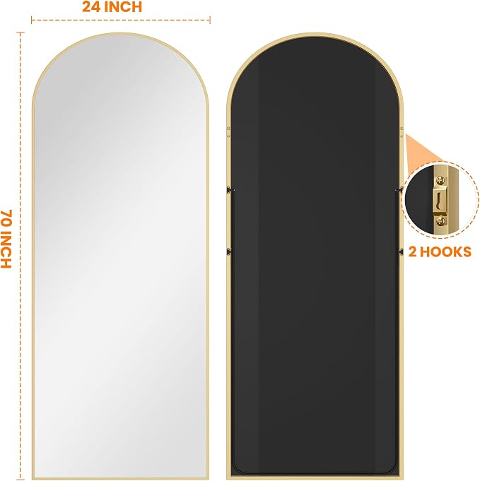 Arched Full Length Mirror, 70"x24" Standing Body Mirror for Wall, Gold | Built-in Stand, HD Shatterproof Glass, Aluminum Alloy Frame, Hanging or Standing, for Bedroom, Living Room & Dressing Room