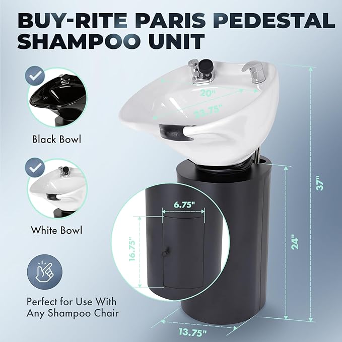 Buy-Rite Paris Pedestal Shampoo Unit with Black Metal Base with Tilting Porcelain Shampoo Bowl, Easy Access Rear Plumbing Door, NIN-030BLACKBASE-WHT (White Bowl)