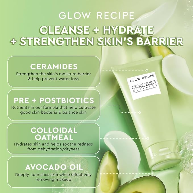 Glow Recipe Avocado Ceramide Facial Cleanser, Korean Double Cleanse Second Step, Hydrating Gel-to-Foam Face Wash for Dry Skin, Barrier Support, Hyaluronic Acid + Colloidal Oatmeal (150ml)