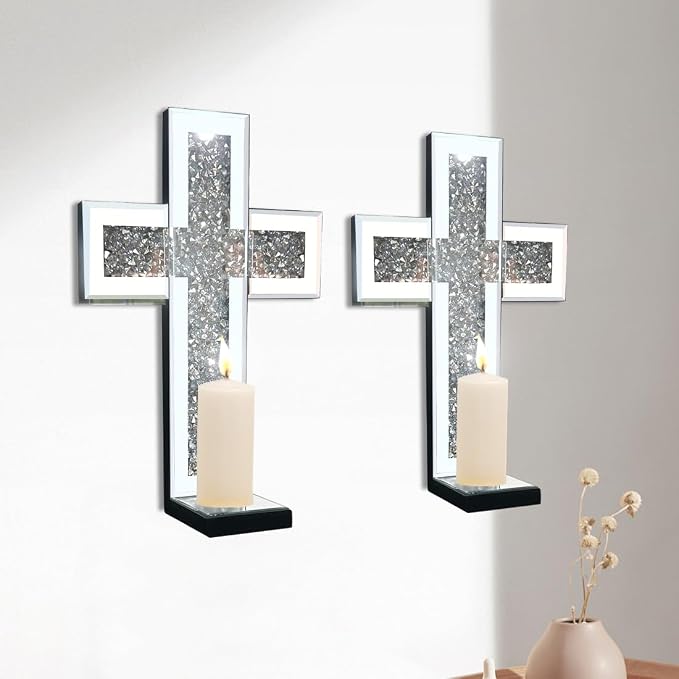 Mirrored Wall Candle Sconces Holder Set of 2, Wall Decor Living Room | Crystal Crushed Diamond Silver Wall Decorations, Ideal for Entryway, Hallway, Bedroom, Dining Room