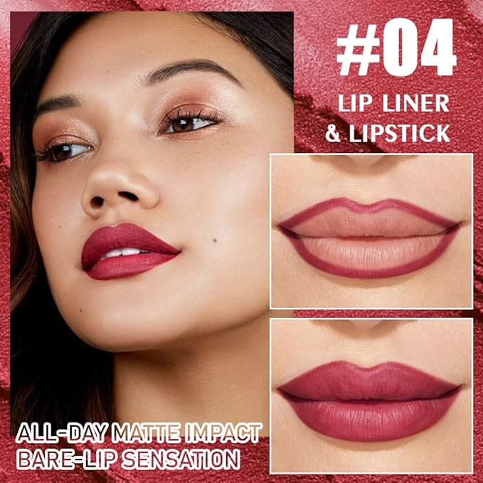 2-in-1 Wine Red Matte Lip Liner & Lipstick Combo Set,Lips Kit with Lip Liner Lip Stains Long Lasting Waterproof Smudge Proof for Older Women 24 Hours Lipliners Pencil Lipstick Makeup Gift Kit,Vegan