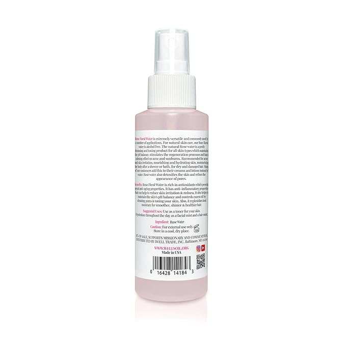 Well's Oil Rose Water Mist Spray (4 fl oz) | Floral Rose Water Hydrosol | Alcohol-Free | for Skin & Hair Use