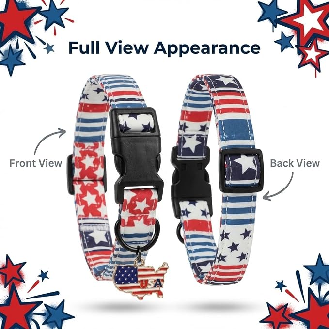 American Flag Dog Collar for Boys Dog, Patriotic Dog Collar with Star & Stripes Pattern, Adjustable Male Collar with Map Charm for 4th of July Occasion & Daily Walking, Fits Small Breeds