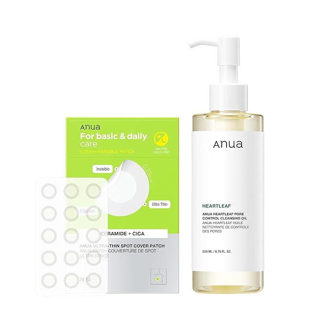 ANUA Acne Care Duo, Ultra-Thin Spot Cover Patch, Heartleaf Pore Control Cleansing Oil, Hydrocolloid Pimple Patch & Makeup Removing Oil Cleanser for Sensitive, Acne-Prone Skin